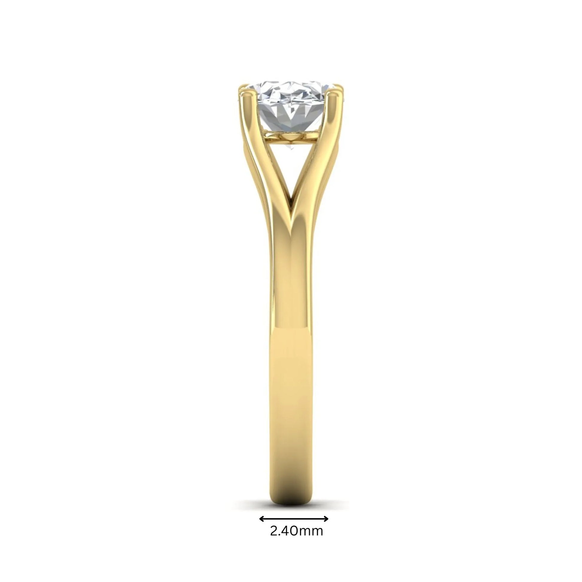 Oval Split Shank Lab Grown Diamond Engagement Ring featuring a 9.00 × 7.00 mm oval-cut center diamond in a four-prong setting with an elegant split shank band in yellow gold