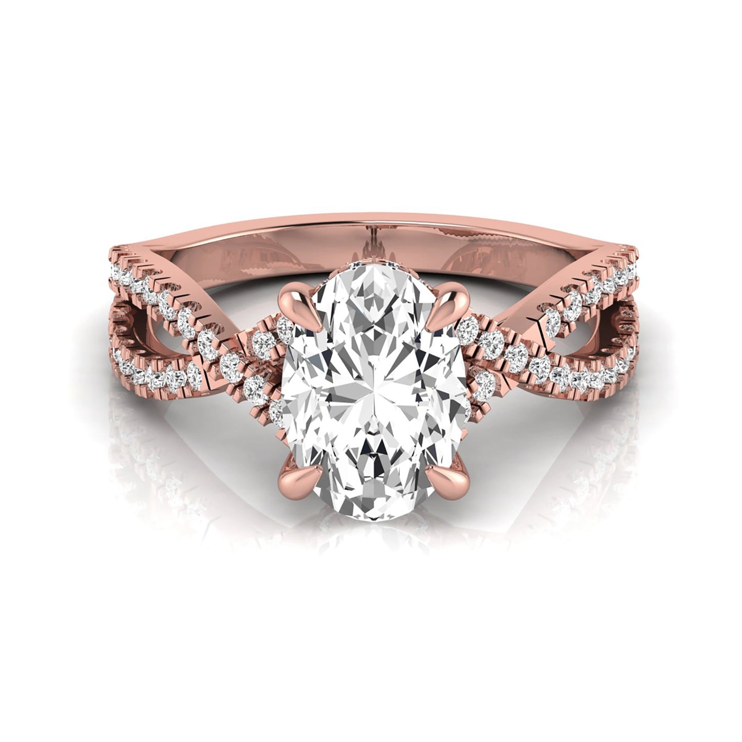 Oval cut lab grown diamond engagement ring featuring a four-prong setting, pavé split shank band, hidden accent diamonds, and a polished rose gold tone finish.