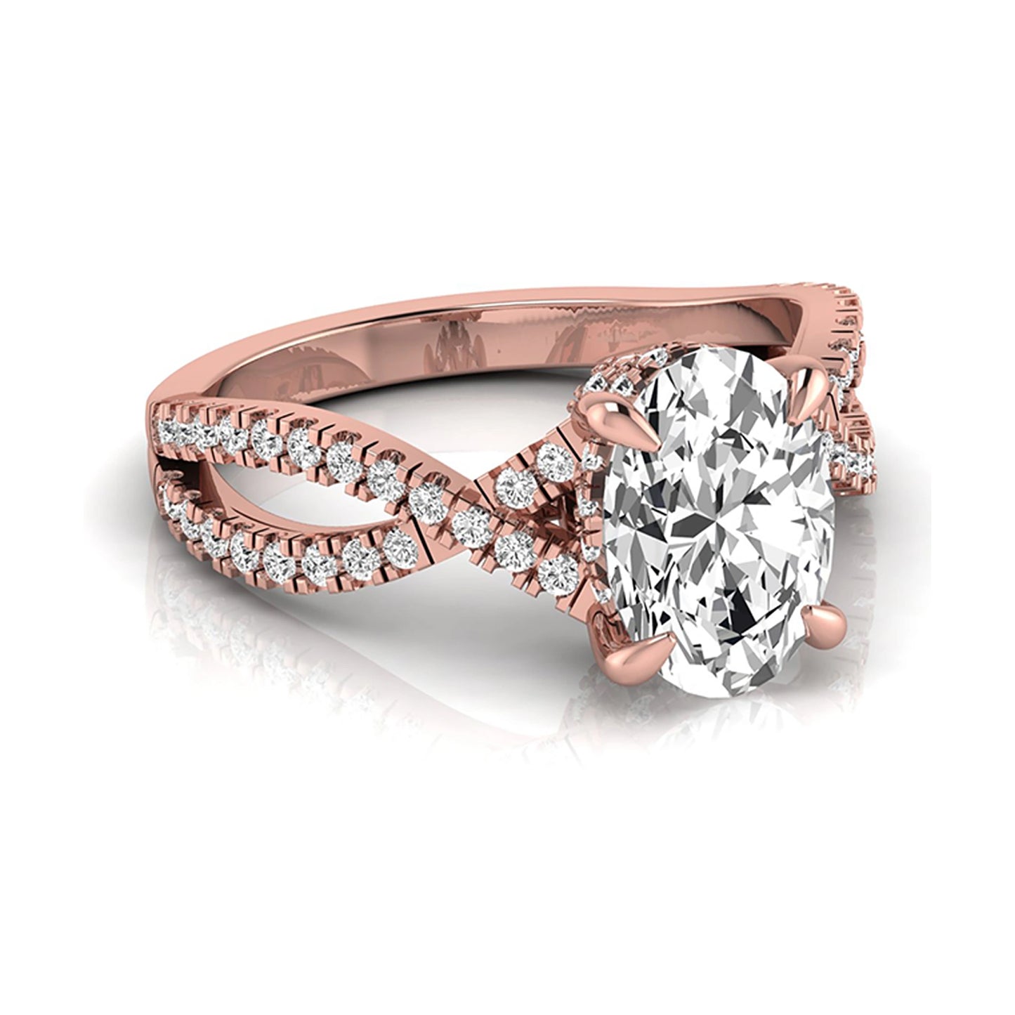 Oval cut lab grown diamond engagement ring featuring a four-prong setting, pavé split shank band, hidden accent diamonds, and a polished rose gold tone finish.