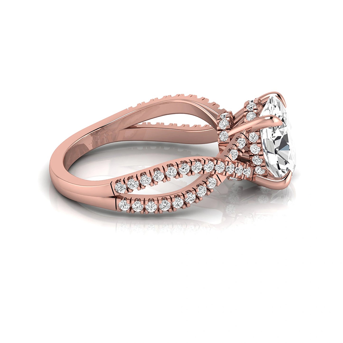 Oval cut lab grown diamond engagement ring featuring a four-prong setting, pavé split shank band, hidden accent diamonds, and a polished rose gold tone finish.