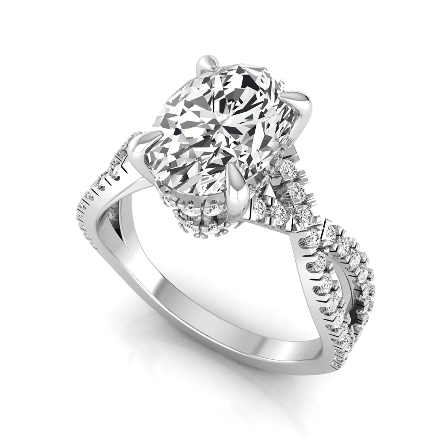 Oval cut lab grown diamond engagement ring featuring a four-prong setting, pavé split shank band, hidden accent diamonds, and a polished white gold tone finish.