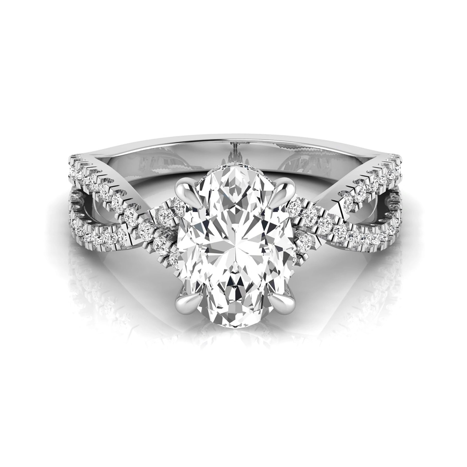 Oval cut lab grown diamond engagement ring featuring a four-prong setting, pavé split shank band, hidden accent diamonds, and a polished white gold tone finish.