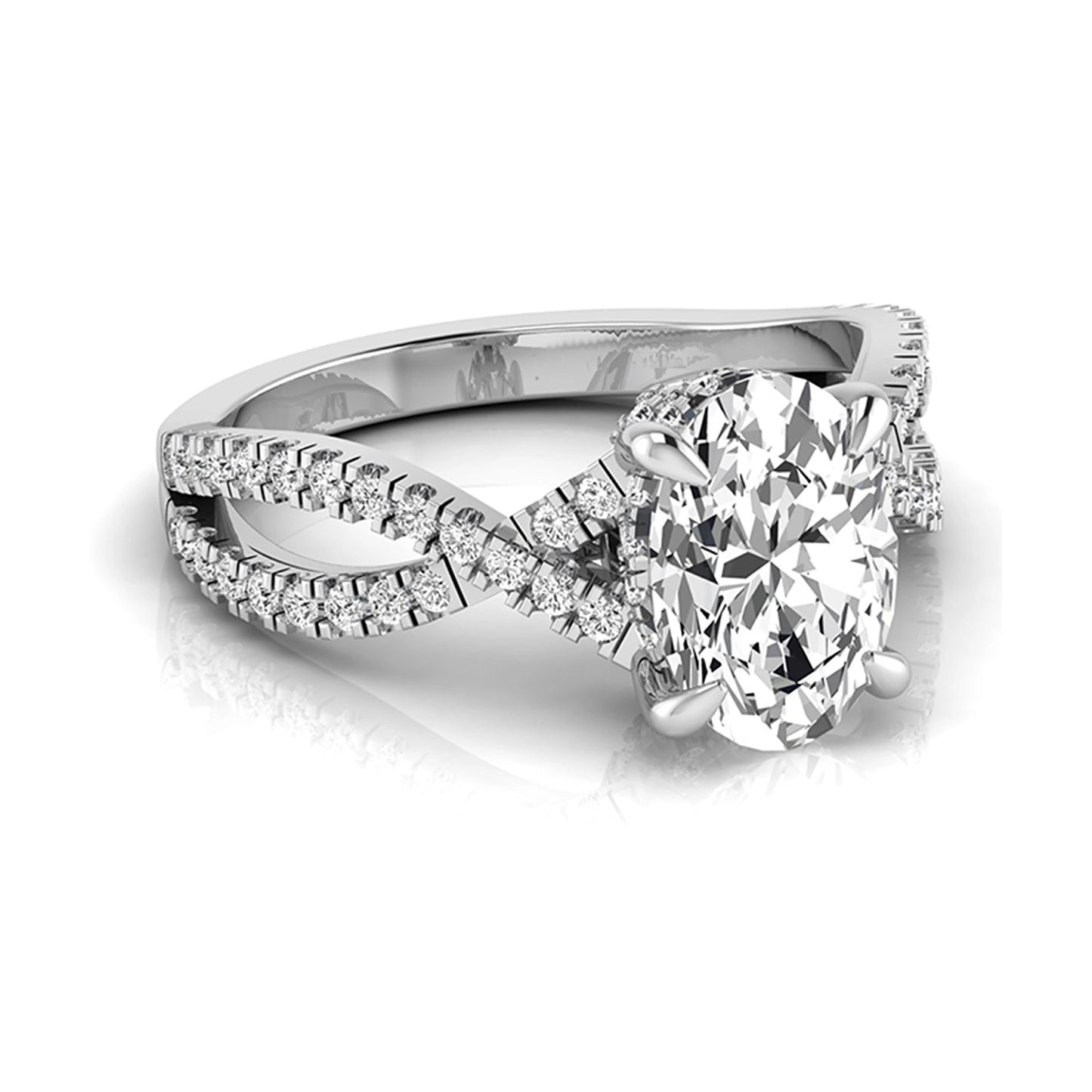 Oval cut lab grown diamond engagement ring featuring a four-prong setting, pavé split shank band, hidden accent diamonds, and a polished white gold tone finish.