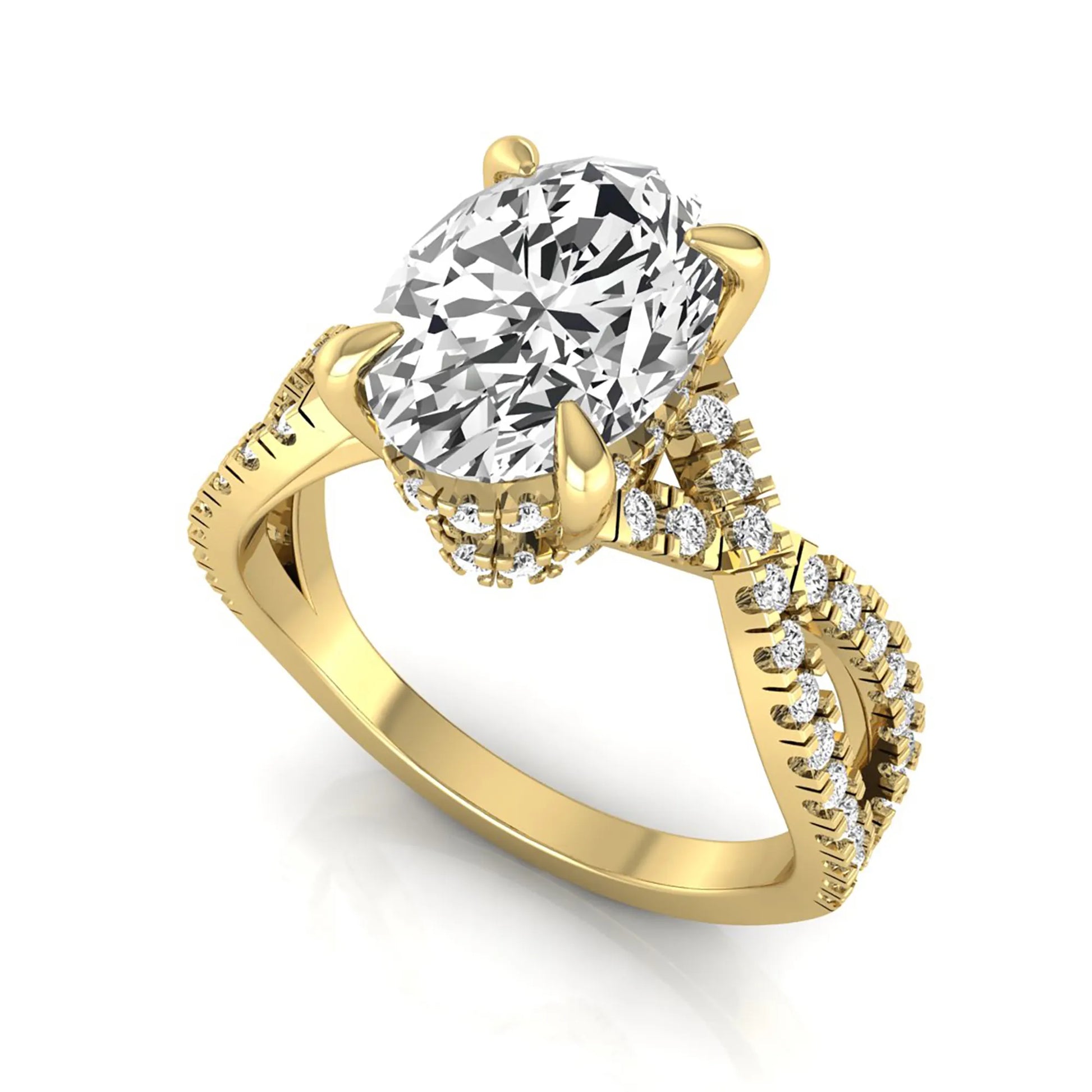 Oval cut lab grown diamond engagement ring featuring a four-prong setting, pavé split shank band, hidden accent diamonds, and a polished yellow gold tone finish.