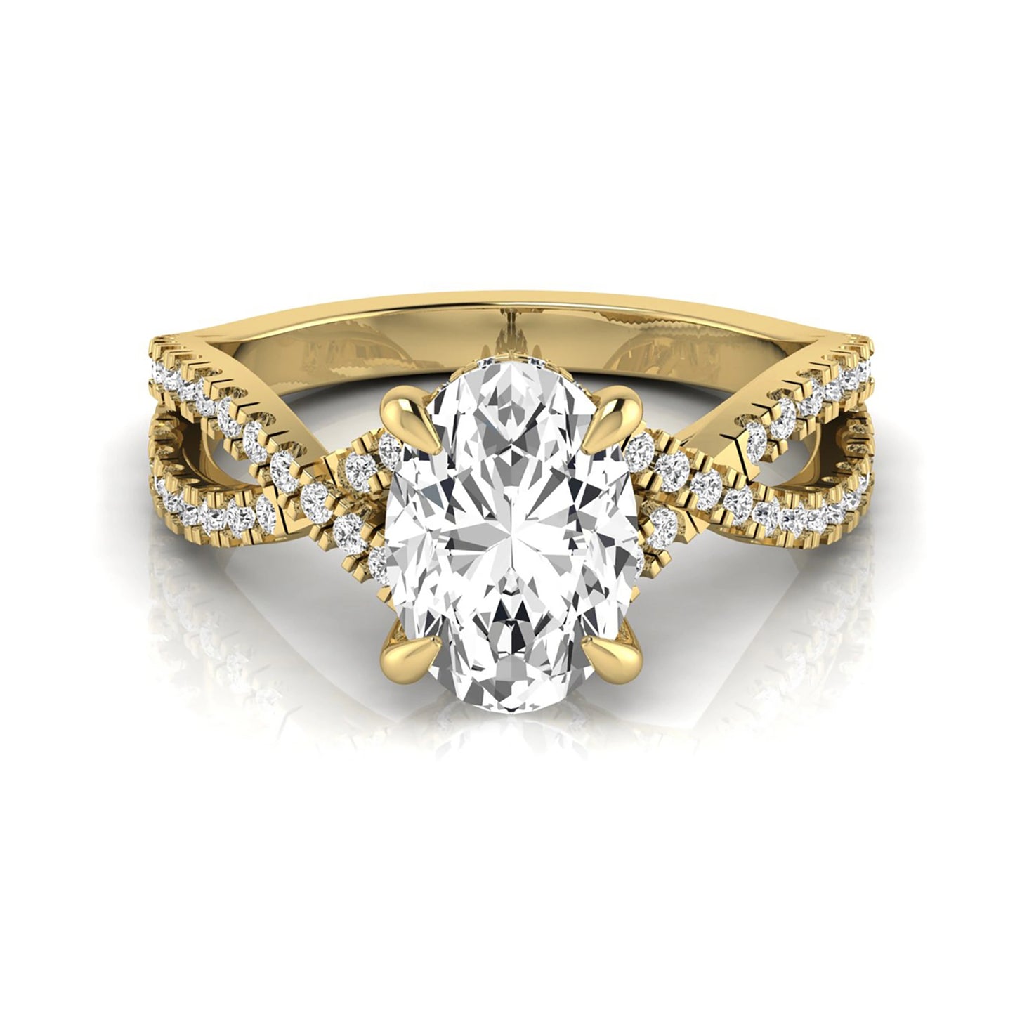 Oval cut lab grown diamond engagement ring featuring a four-prong setting, pavé split shank band, hidden accent diamonds, and a polished yellow gold tone finish.
