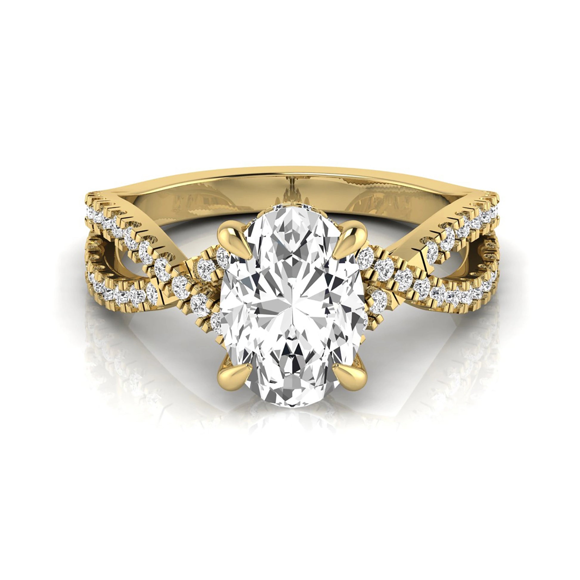 Oval cut lab grown diamond engagement ring featuring a four-prong setting, pavé split shank band, hidden accent diamonds, and a polished yellow gold tone finish.
