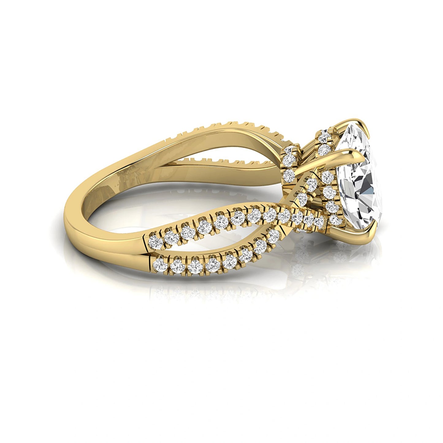 Oval cut lab grown diamond engagement ring featuring a four-prong setting, pavé split shank band, hidden accent diamonds, and a polished yellow gold tone finish.