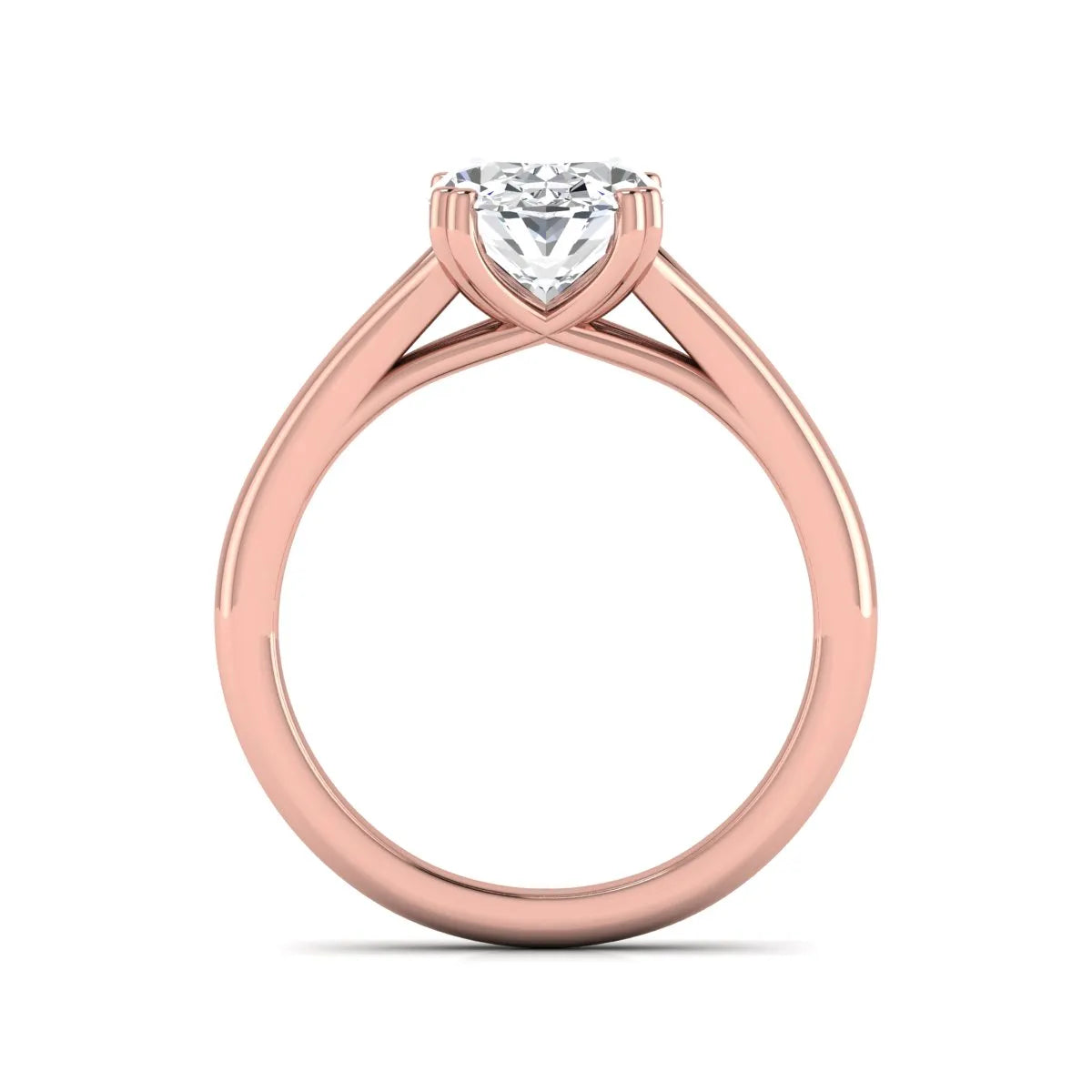 Oval cut lab grown diamond solitaire engagement ring with split shank design and rose gold tone prong setting.