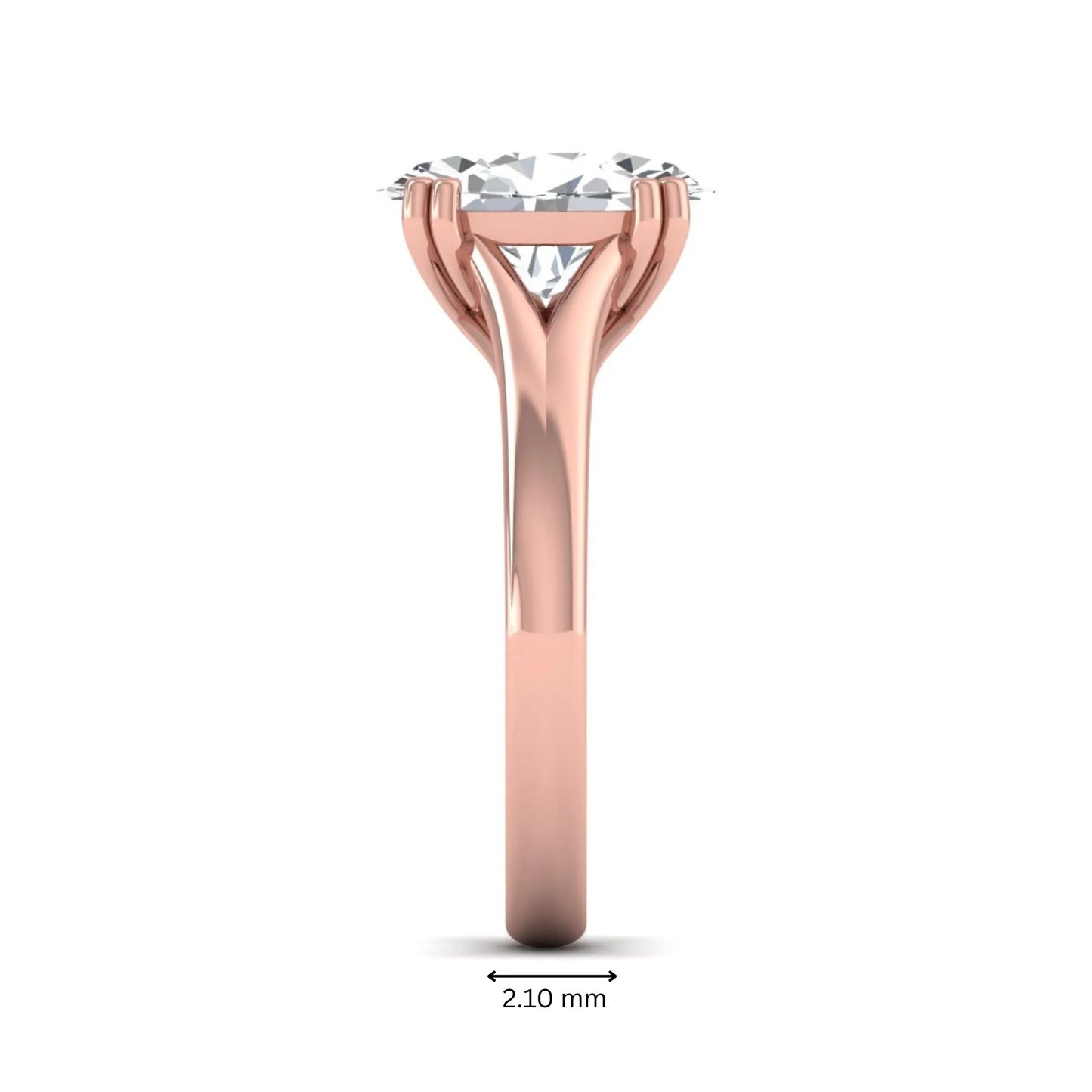 Oval cut lab grown diamond solitaire engagement ring with split shank design and rose gold tone prong setting.