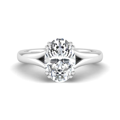 Oval cut lab grown diamond solitaire engagement ring with split shank design and white gold tone prong setting.