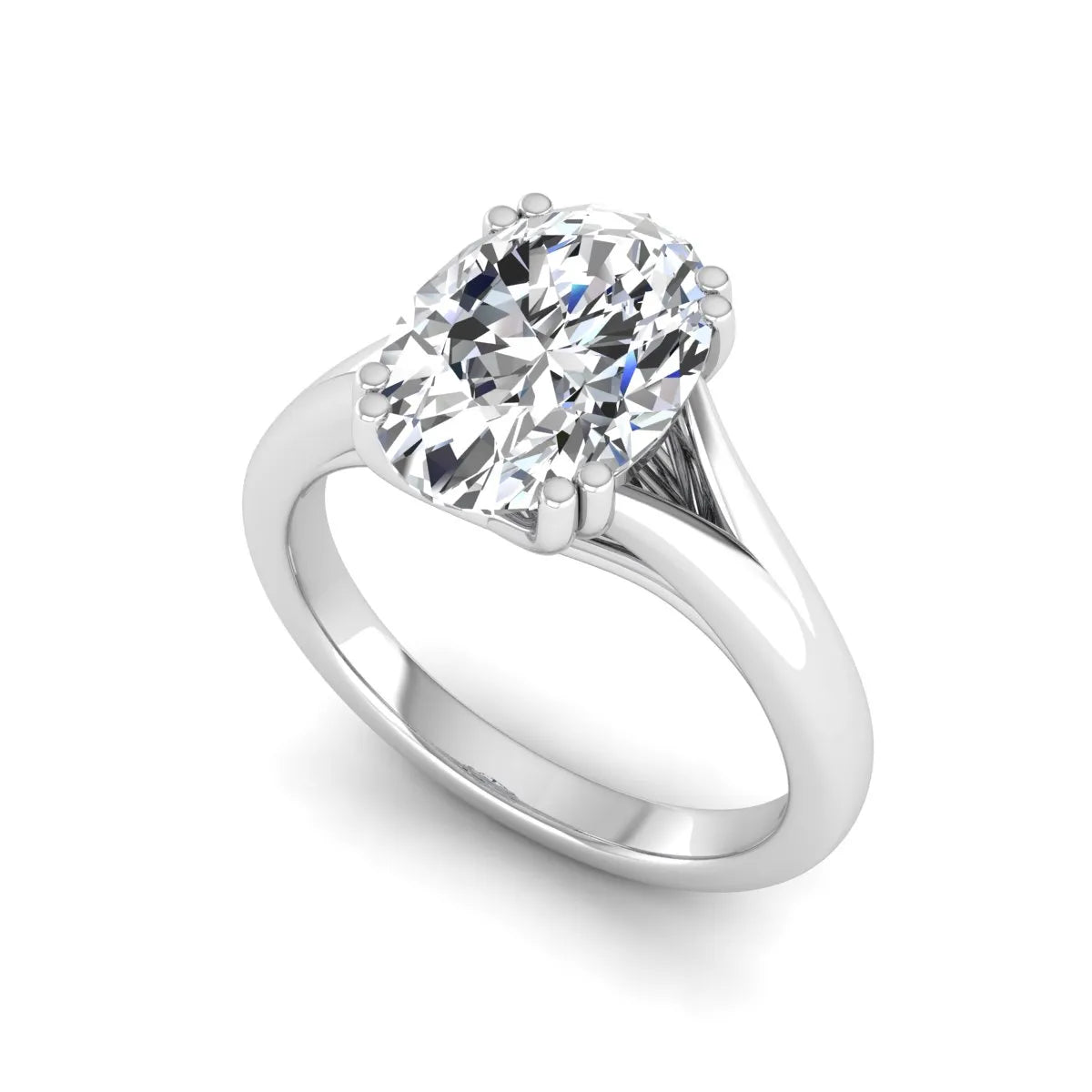 Oval cut lab grown diamond solitaire engagement ring with split shank design and white gold tone prong setting.