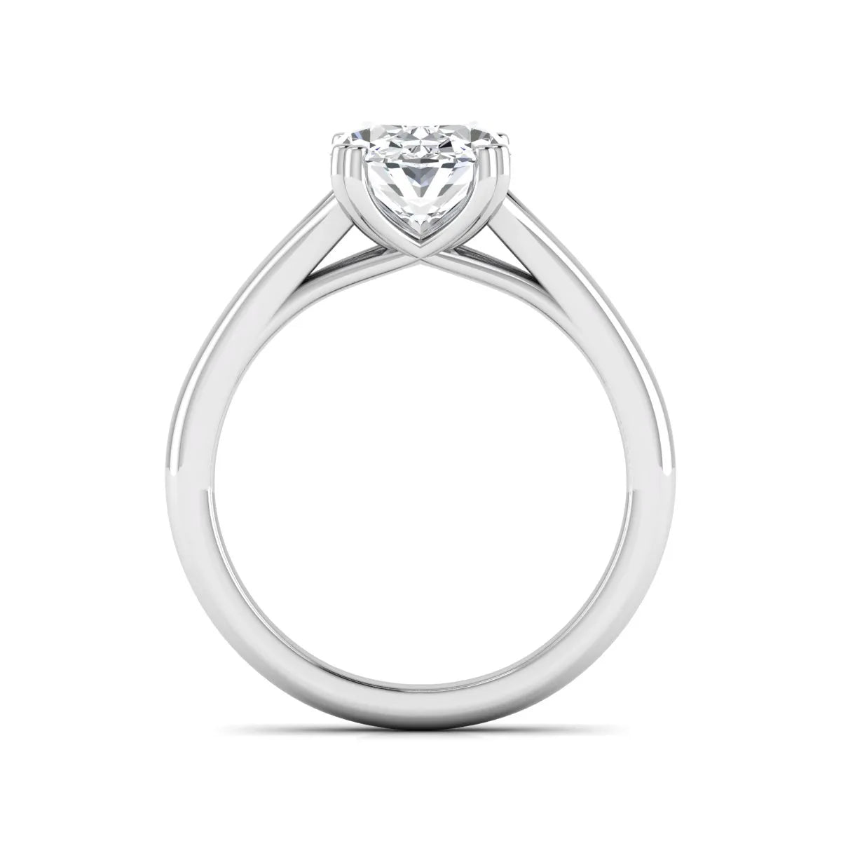 Oval cut lab grown diamond solitaire engagement ring with split shank design and white gold tone prong setting.