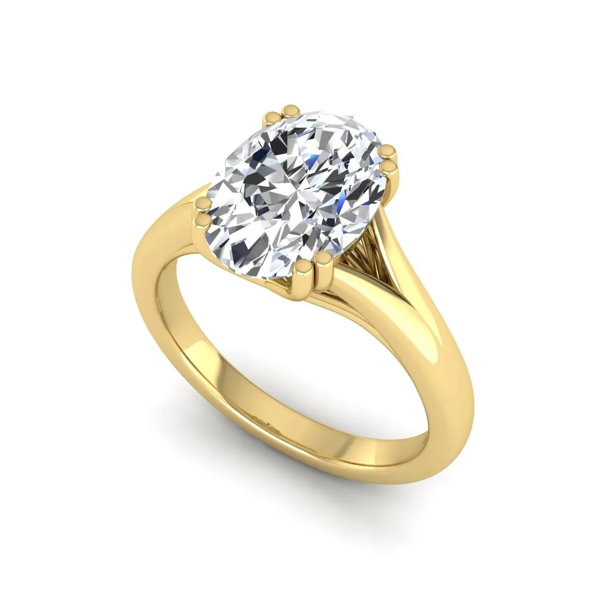 Oval cut lab grown diamond solitaire engagement ring with split shank design and yellow gold tone prong setting.
