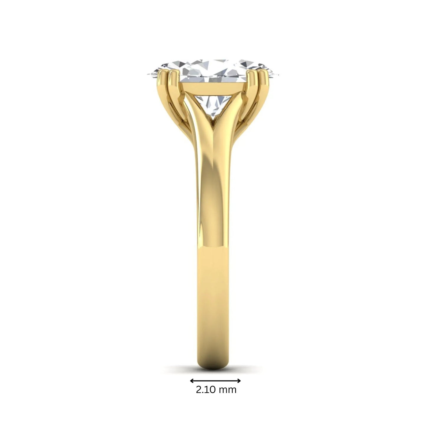 Oval cut lab grown diamond solitaire engagement ring with split shank design and yellow gold tone prong setting.