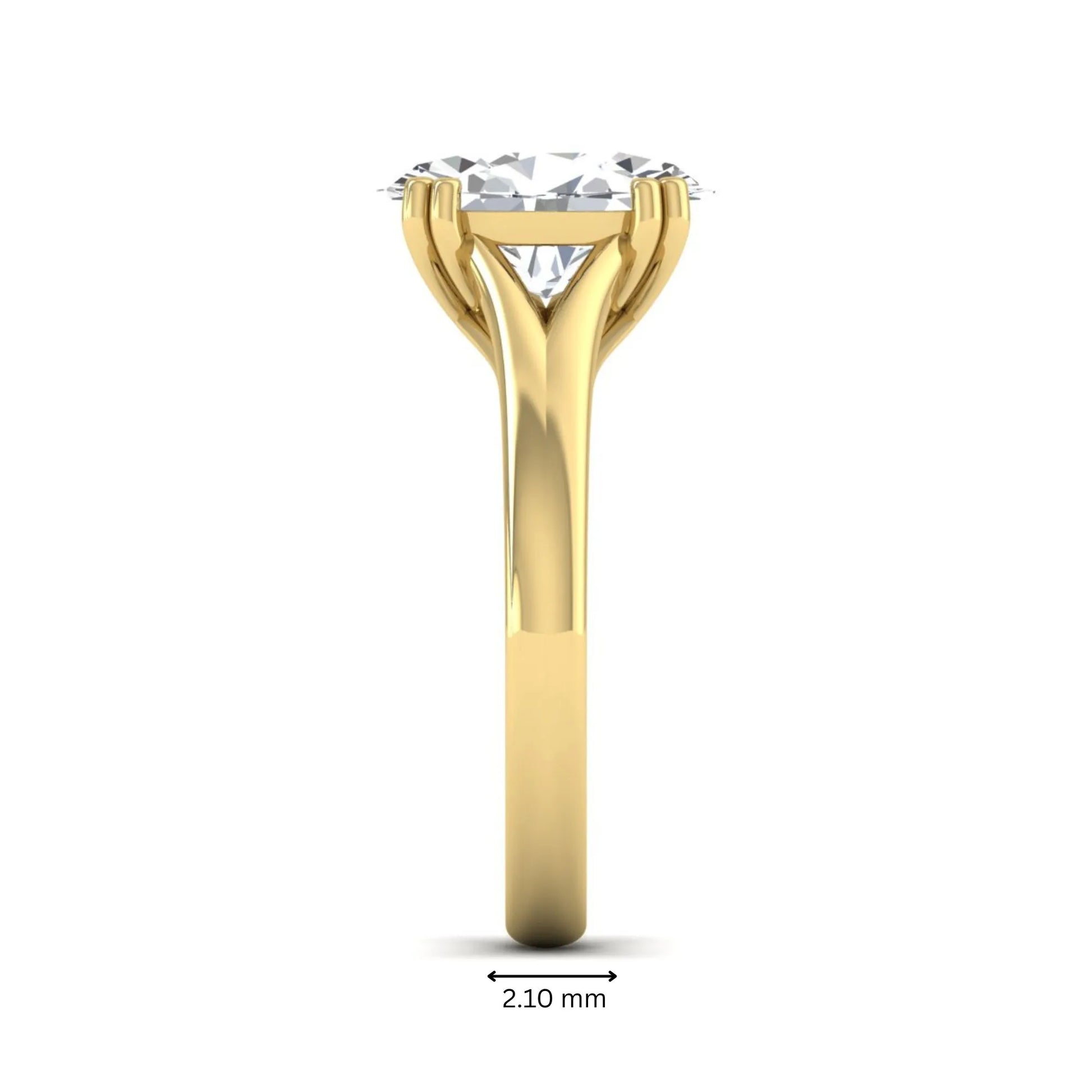Oval cut lab grown diamond solitaire engagement ring with split shank design and yellow gold tone prong setting.