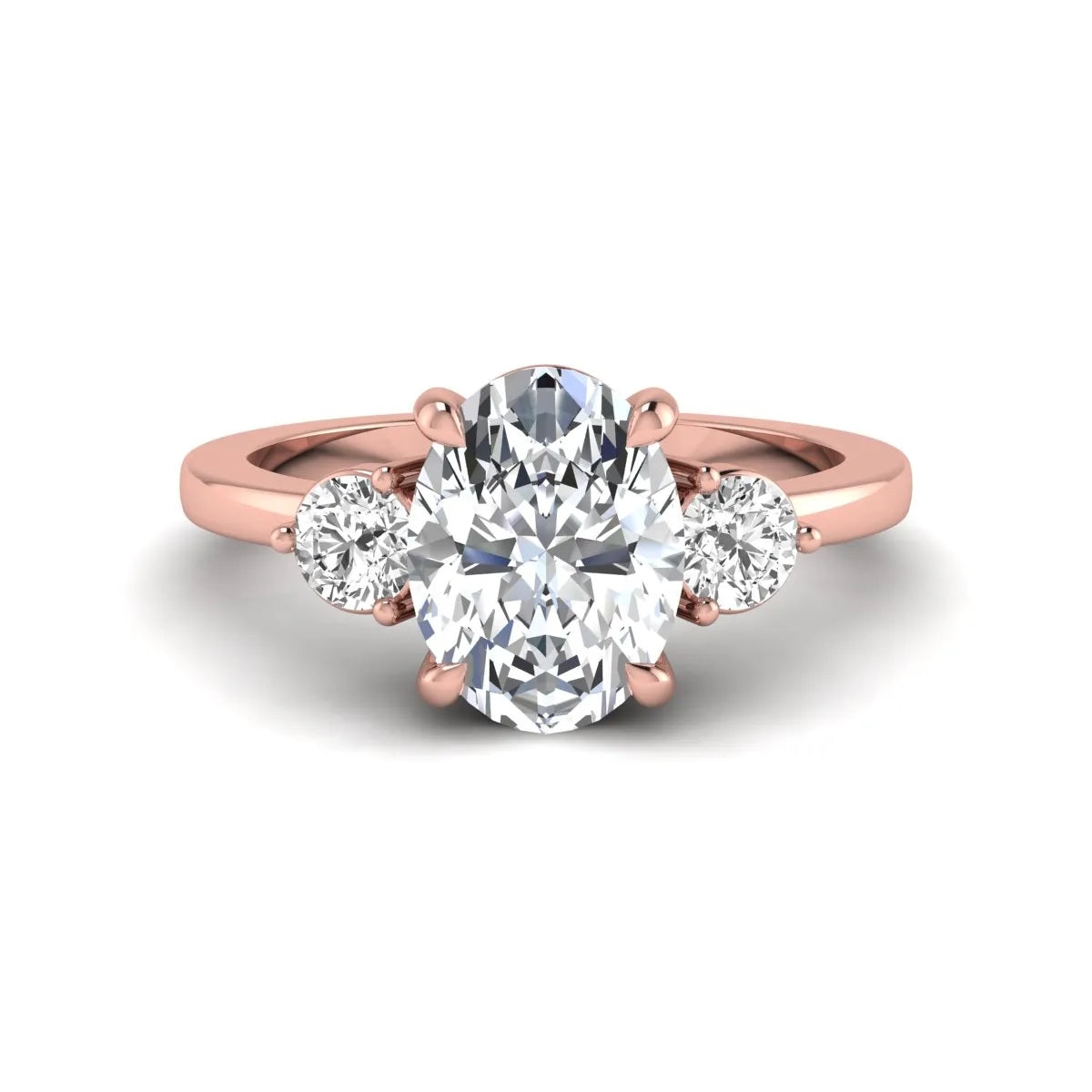 Oval cut three stone lab grown diamond engagement ring featuring a 1.21 carat IGI certified center diamond with round side diamonds in rose gold.