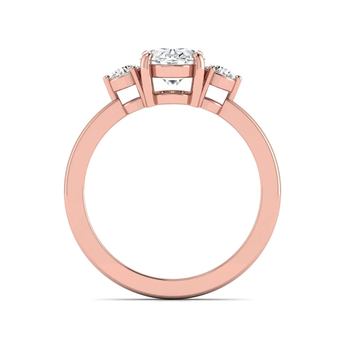 Oval cut three stone lab grown diamond engagement ring featuring a 1.21 carat IGI certified center diamond with round side diamonds in rose gold.