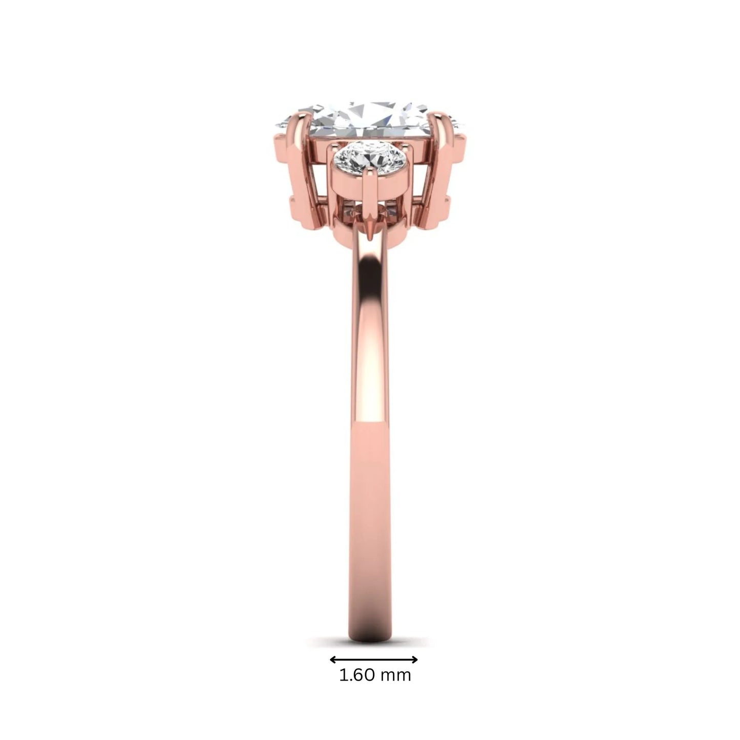 Oval cut three stone lab grown diamond engagement ring featuring a 1.21 carat IGI certified center diamond with round side diamonds in rose gold.