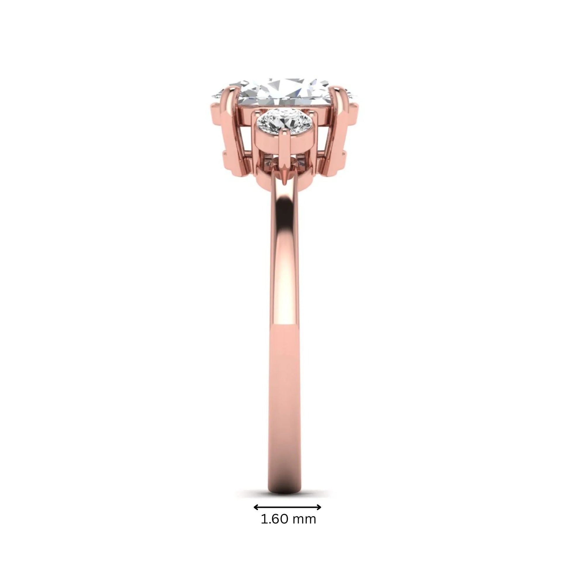 Oval cut three stone lab grown diamond engagement ring featuring a 1.21 carat IGI certified center diamond with round side diamonds in rose gold.