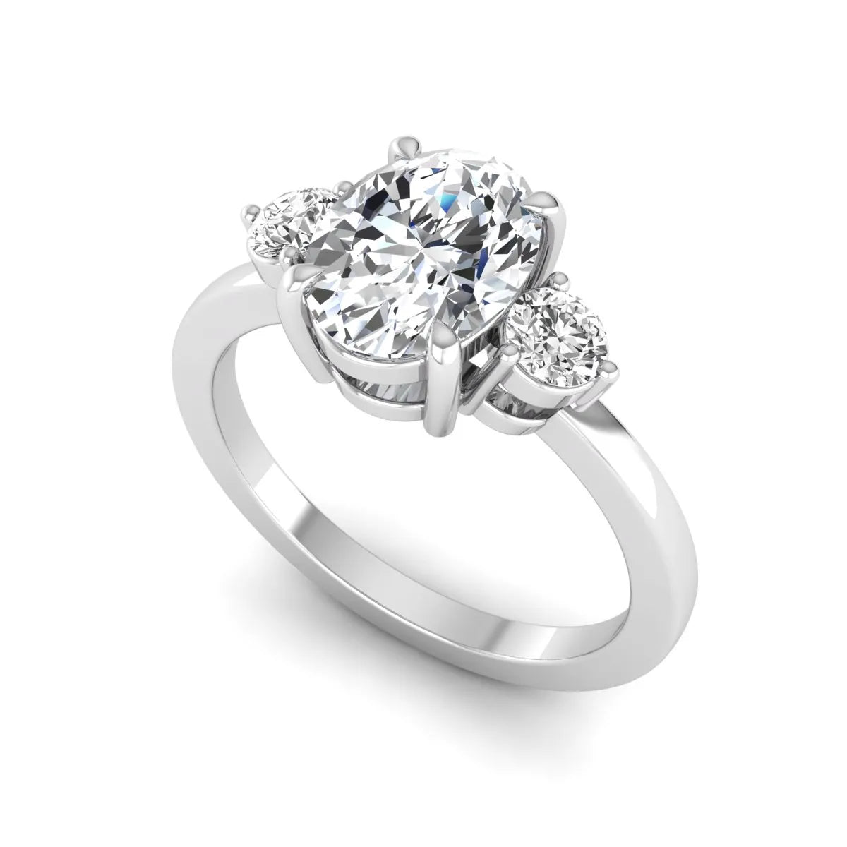 Oval cut three stone lab grown diamond engagement ring featuring a 1.21 carat IGI certified center diamond with round side diamonds in white gold.