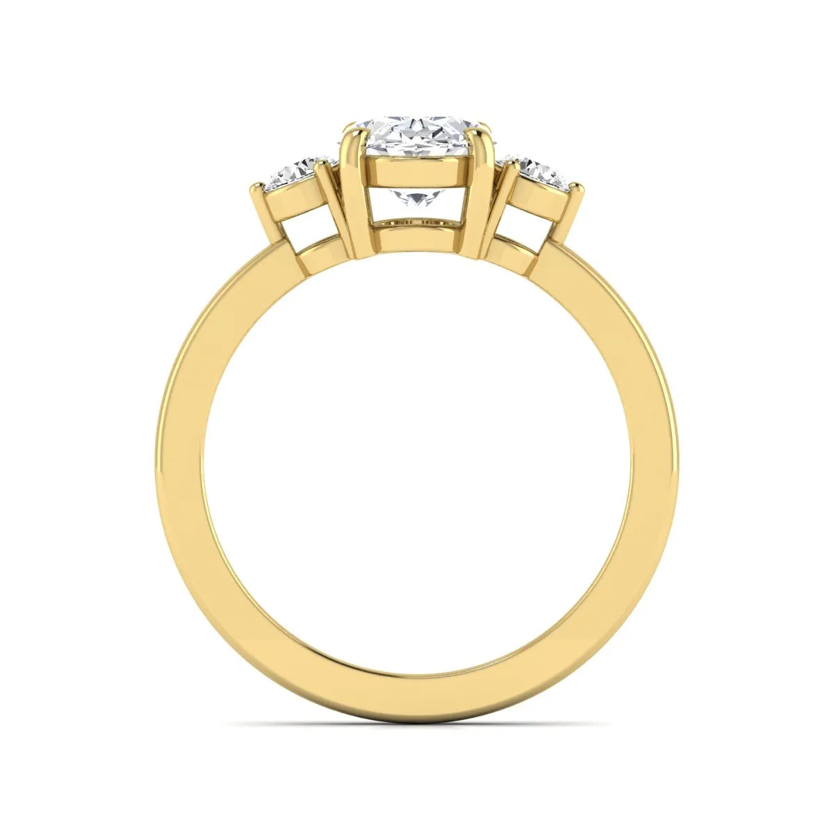 Oval cut three stone lab grown diamond engagement ring featuring a 1.21 carat IGI certified center diamond with round side diamonds in yellow gold.