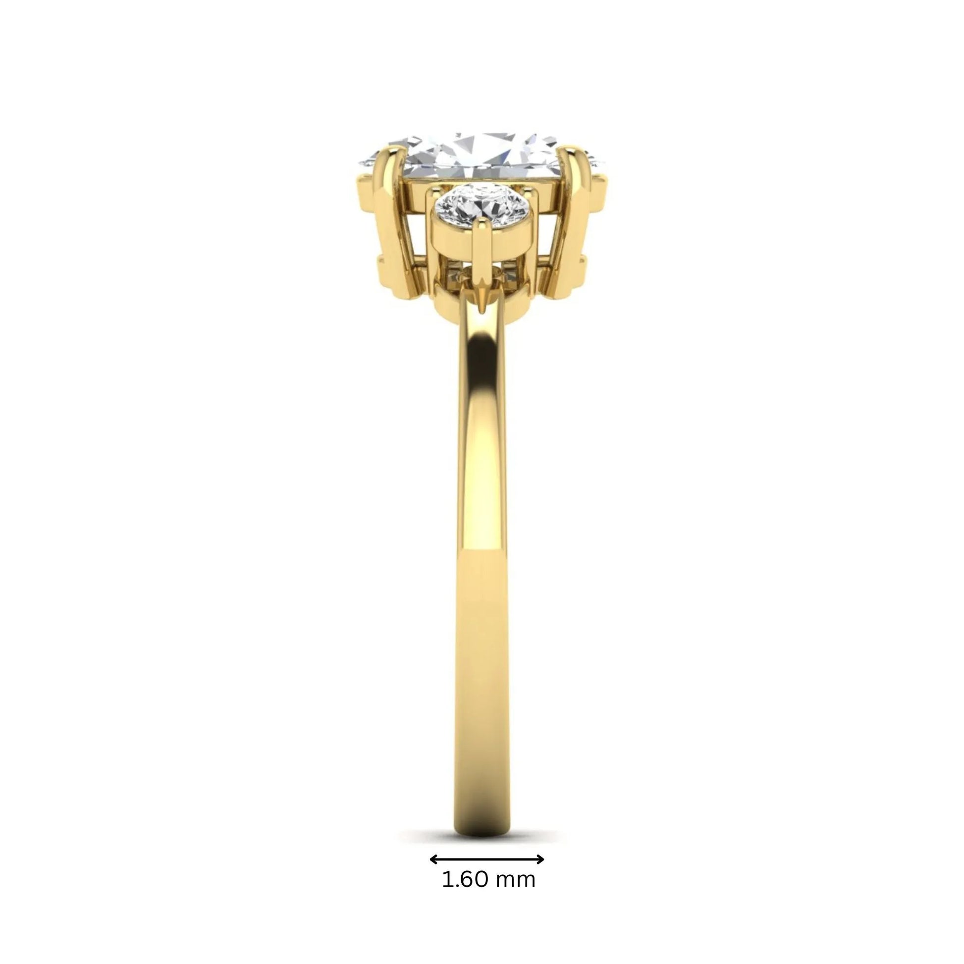Oval cut three stone lab grown diamond engagement ring featuring a 1.21 carat IGI certified center diamond with round side diamonds in yellow gold.