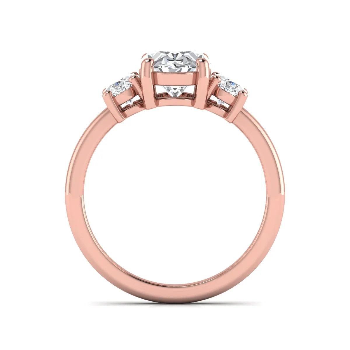 Oval cut three stone lab grown diamond engagement ring featuring an IGI certified center diamond with matching oval side diamonds in rose gold.
