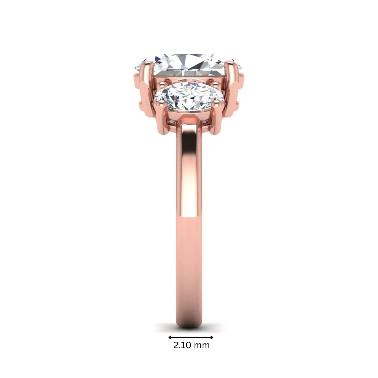 Oval cut three stone lab grown diamond engagement ring featuring an IGI certified center diamond with matching oval side diamonds in rose gold.