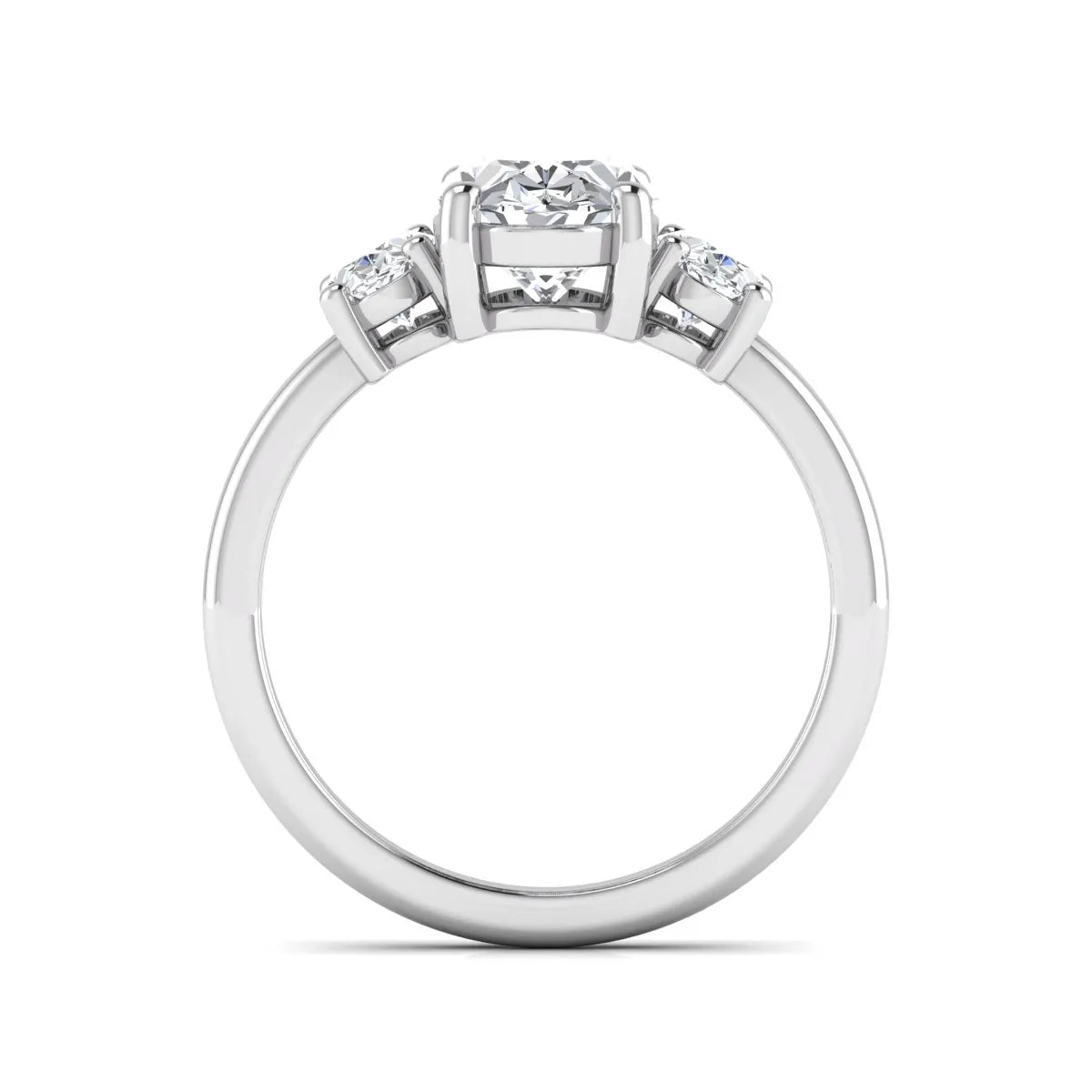 Oval cut three stone lab grown diamond engagement ring featuring an IGI certified center diamond with matching oval side diamonds in white gold.