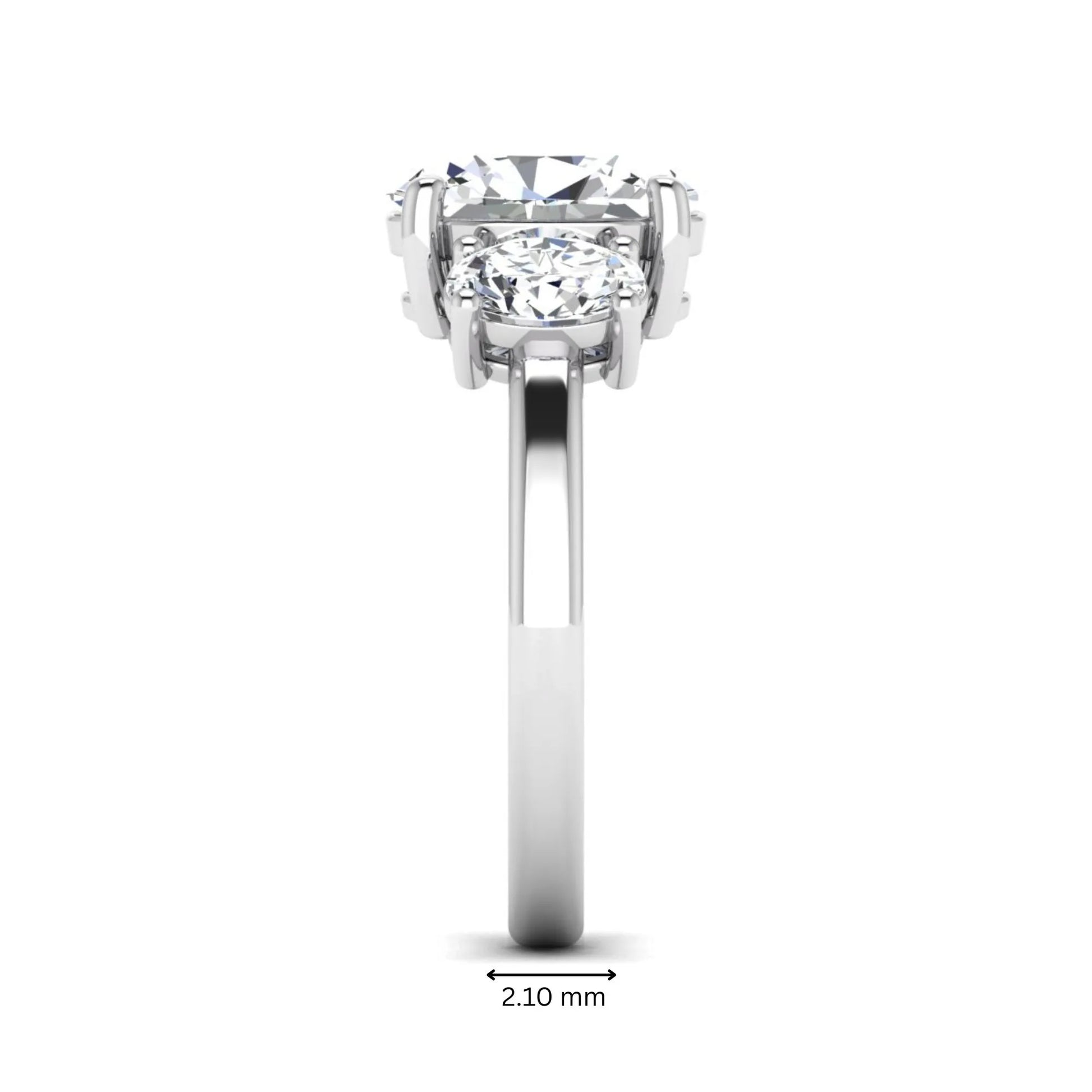 Oval cut three stone lab grown diamond engagement ring featuring an IGI certified center diamond with matching oval side diamonds in white gold.