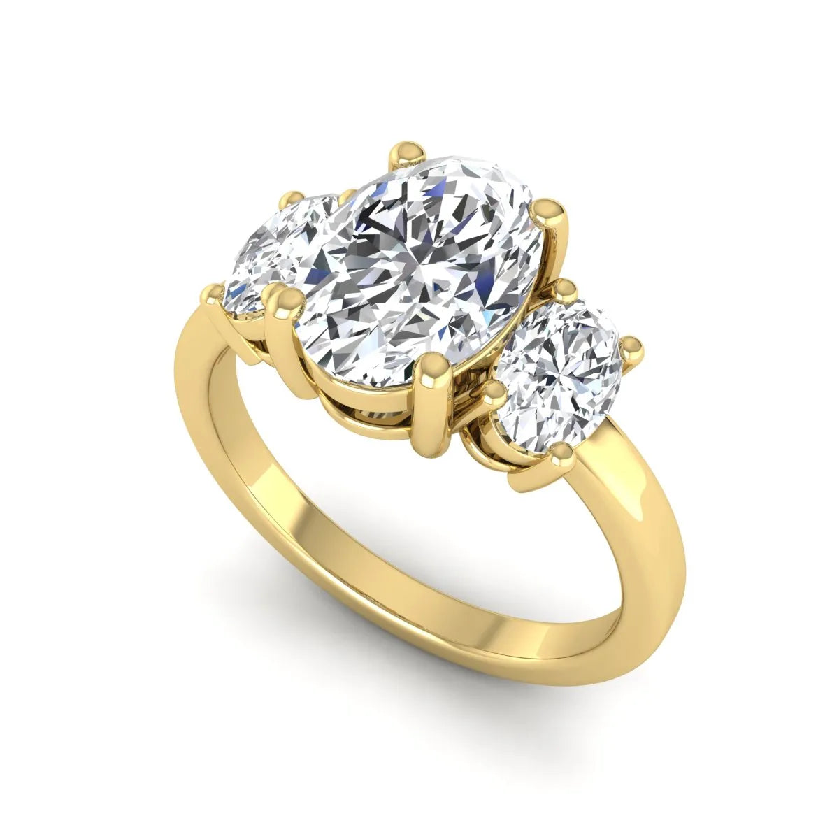 Oval cut three stone lab grown diamond engagement ring featuring an IGI certified center diamond with matching oval side diamonds in yellow gold.