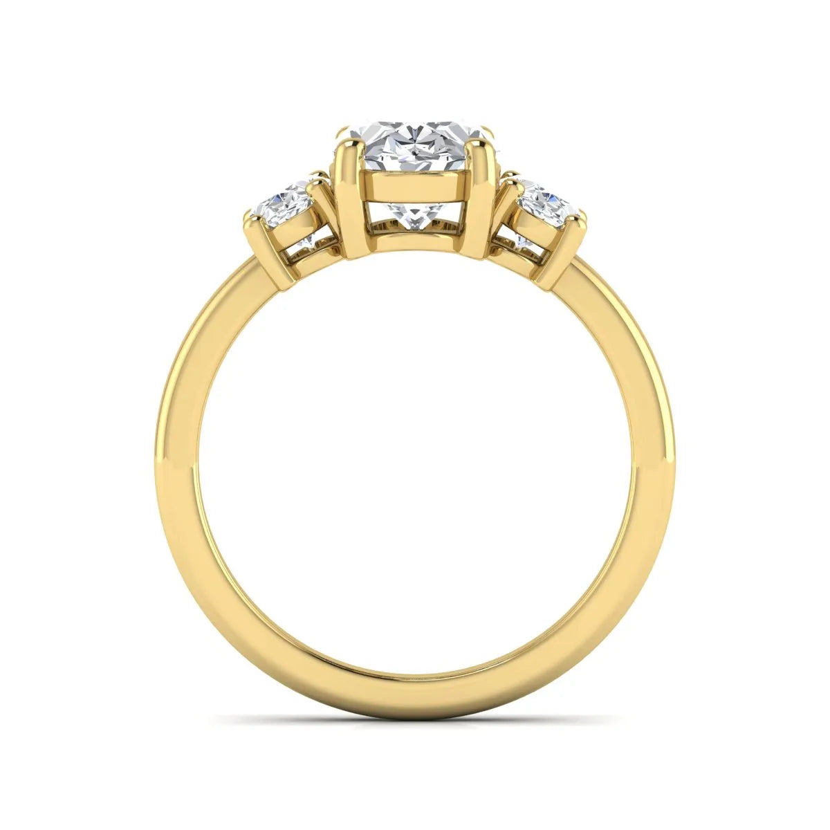 Oval cut three stone lab grown diamond engagement ring featuring an IGI certified center diamond with matching oval side diamonds in yellow gold.