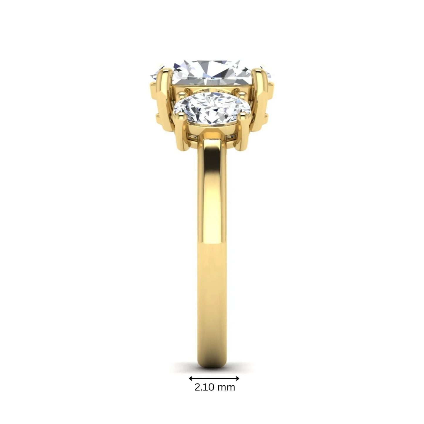 Oval cut three stone lab grown diamond engagement ring featuring an IGI certified center diamond with matching oval side diamonds in yellow gold.