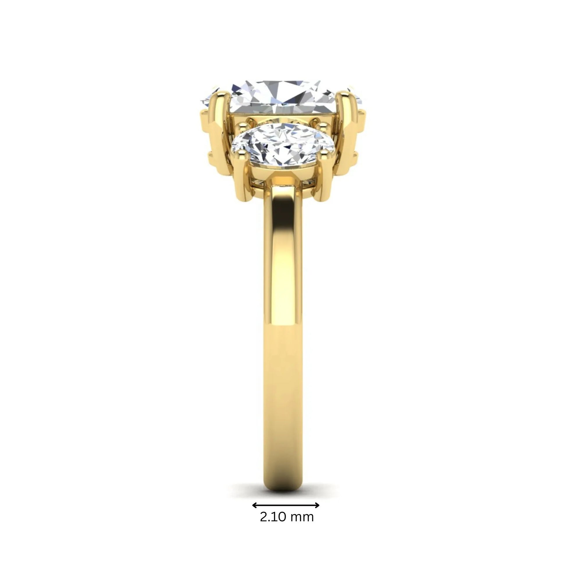 Oval cut three stone lab grown diamond engagement ring featuring an IGI certified center diamond with matching oval side diamonds in yellow gold.