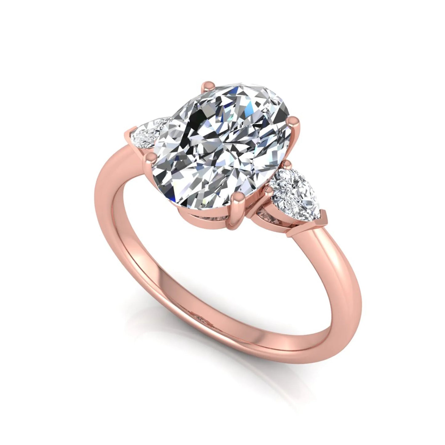 Oval three stone lab grown diamond engagement ring featuring a 1.86 carat IGI certified oval cut center diamond with pear cut side diamonds in a rose gold design.