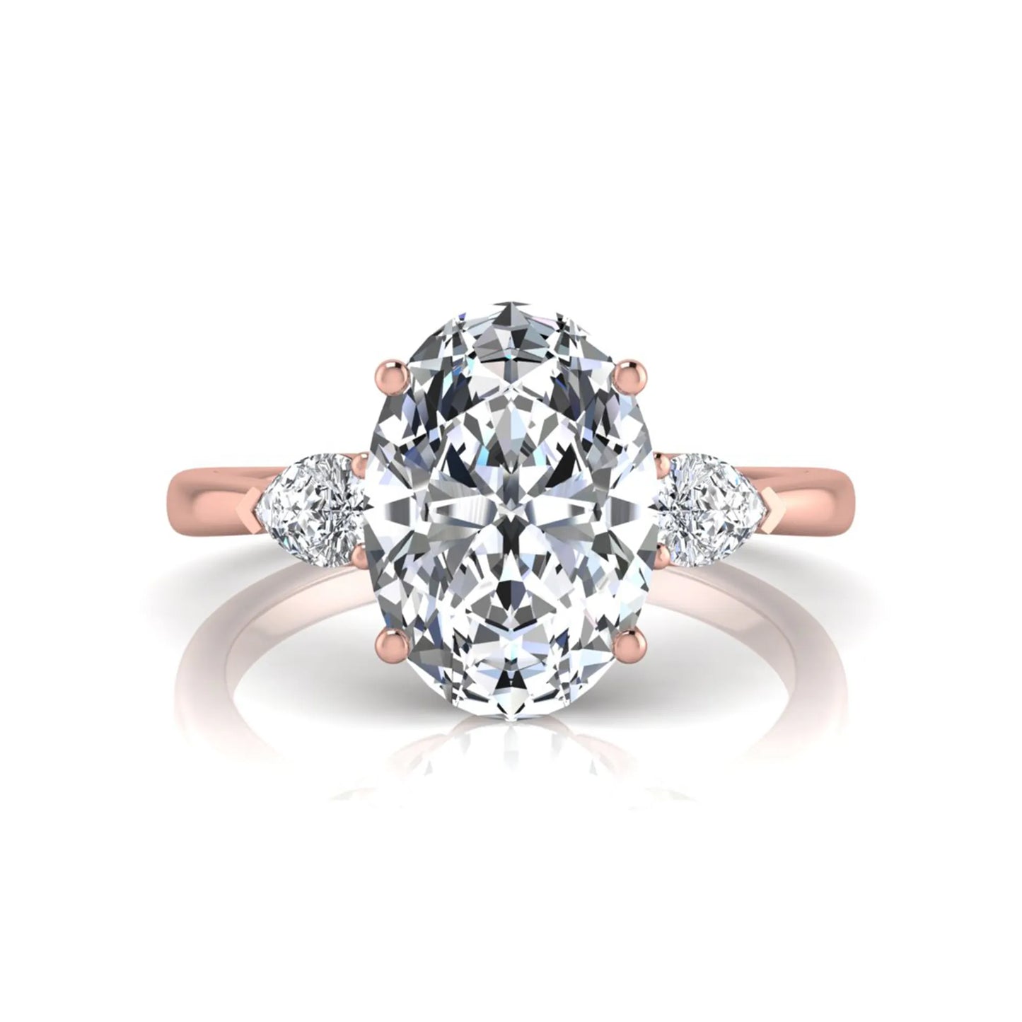 Oval three stone lab grown diamond engagement ring featuring a 1.86 carat IGI certified oval cut center diamond with pear cut side diamonds in a rose gold design.