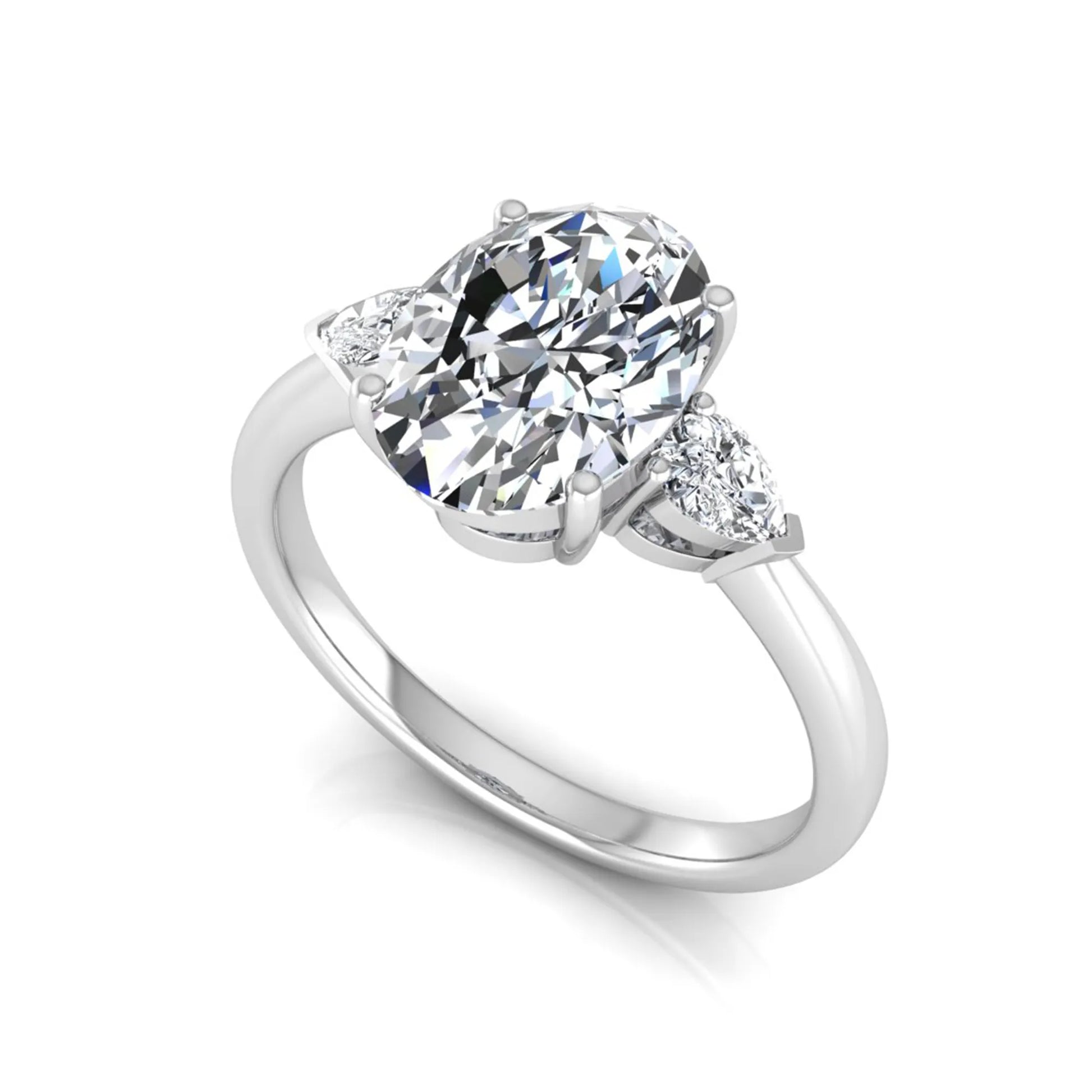 Oval three stone lab grown diamond engagement ring featuring a 1.86 carat IGI certified oval cut center diamond with pear cut side diamonds in a white gold design.