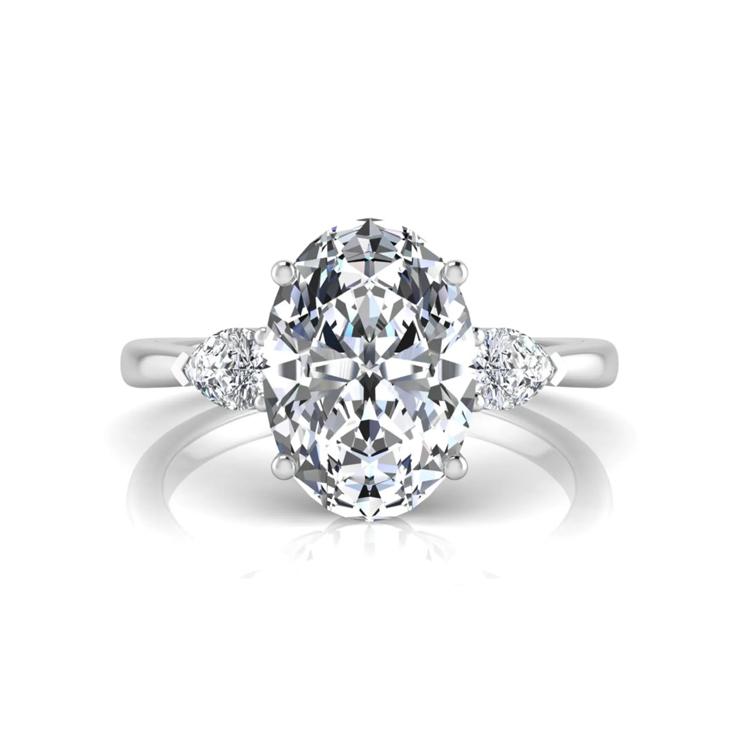 Oval three stone lab grown diamond engagement ring featuring a 1.86 carat IGI certified oval cut center diamond with pear cut side diamonds in a white gold design.