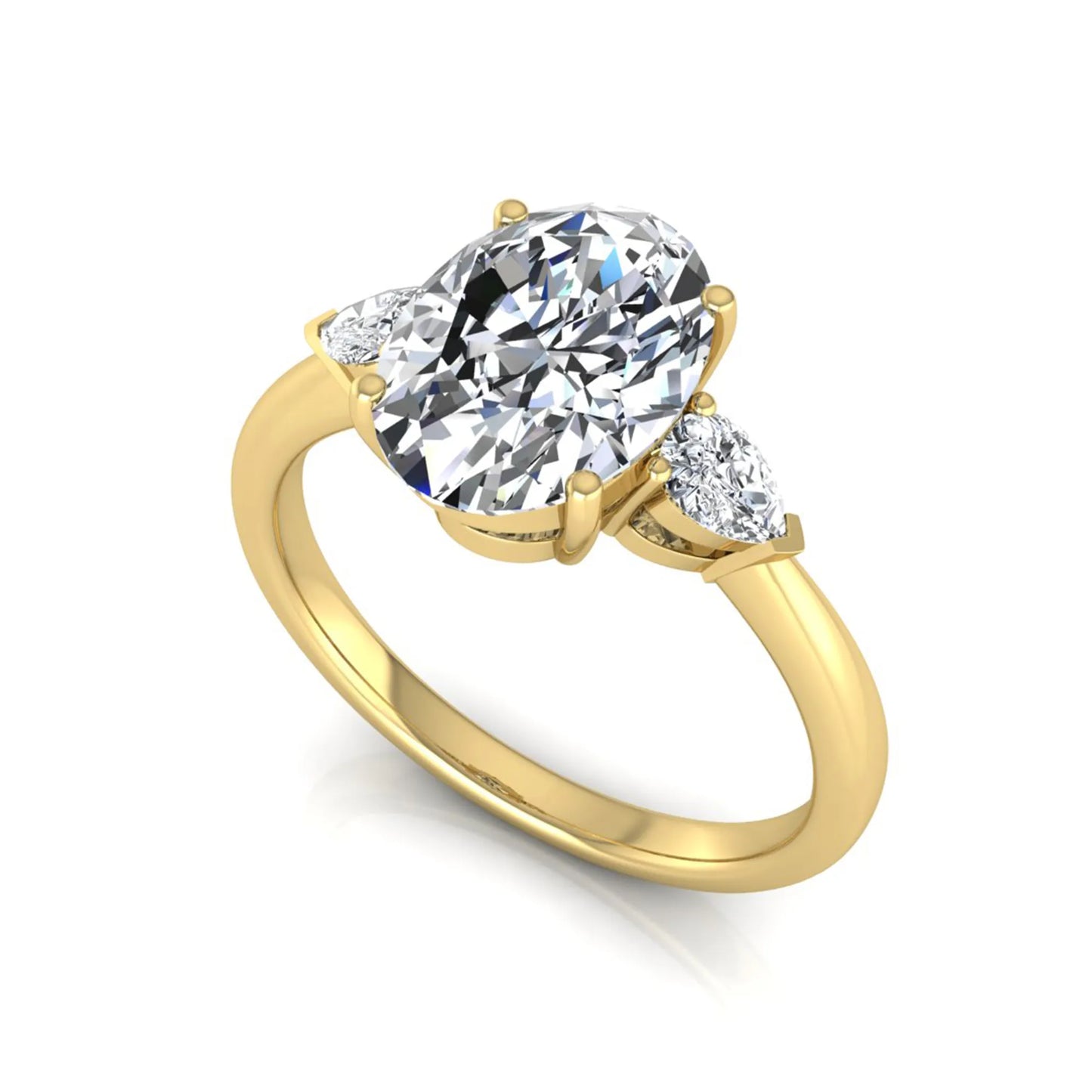 Oval three stone lab grown diamond engagement ring featuring a 1.86 carat IGI certified oval cut center diamond with pear cut side diamonds in a yellow gold design.