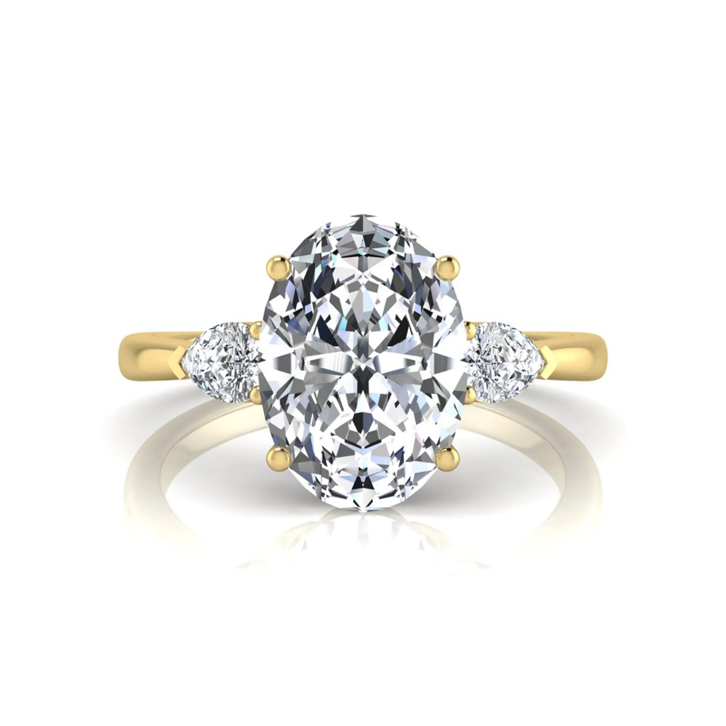 Oval three stone lab grown diamond engagement ring featuring a 1.86 carat IGI certified oval cut center diamond with pear cut side diamonds in a yellow gold design.