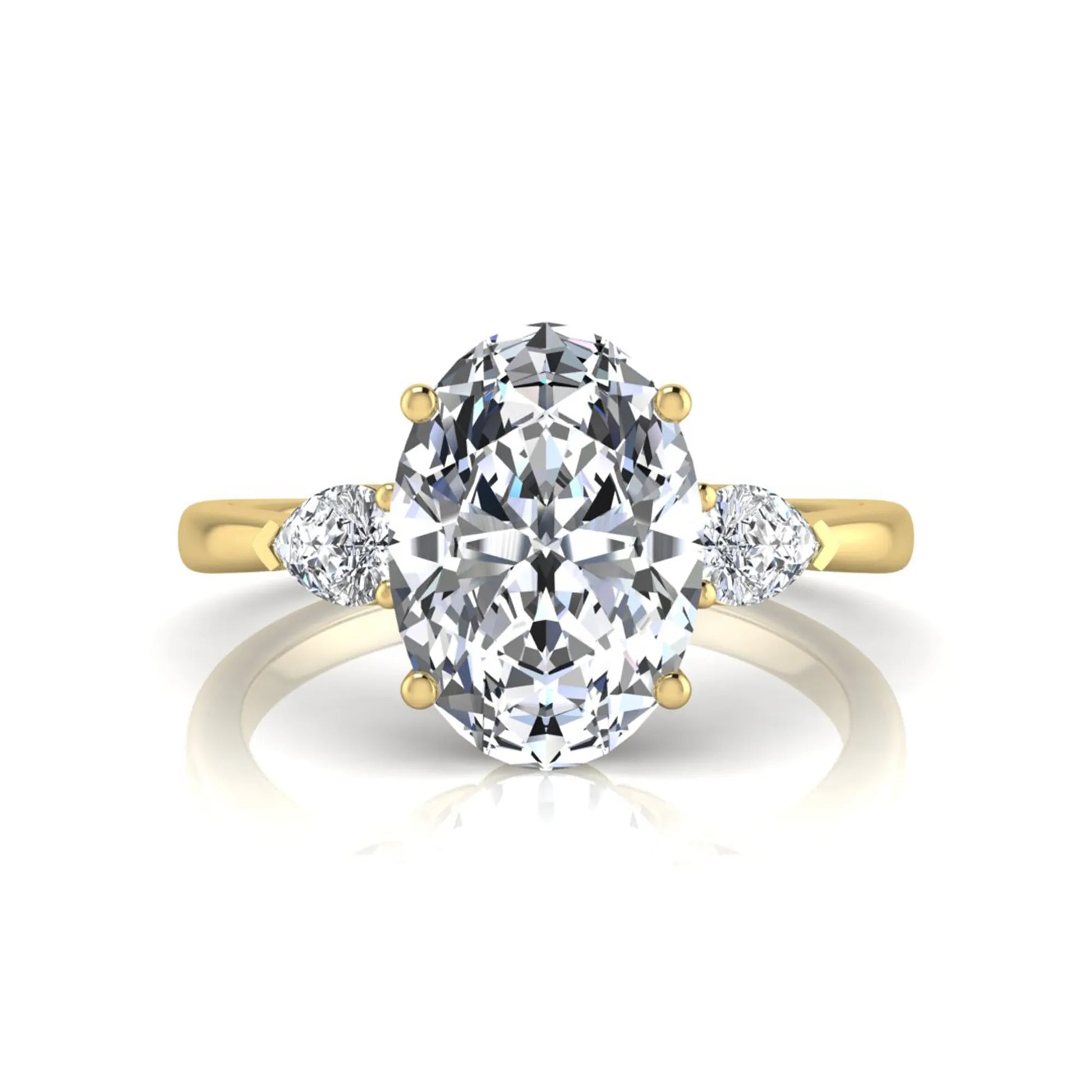 Oval three stone lab grown diamond engagement ring featuring a 1.86 carat IGI certified oval cut center diamond with pear cut side diamonds in a yellow gold design.