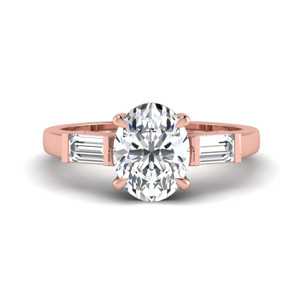 IGI Certified 1.86 carat oval cut lab grown diamond three stone engagement ring with baguette side diamonds in rose gold.