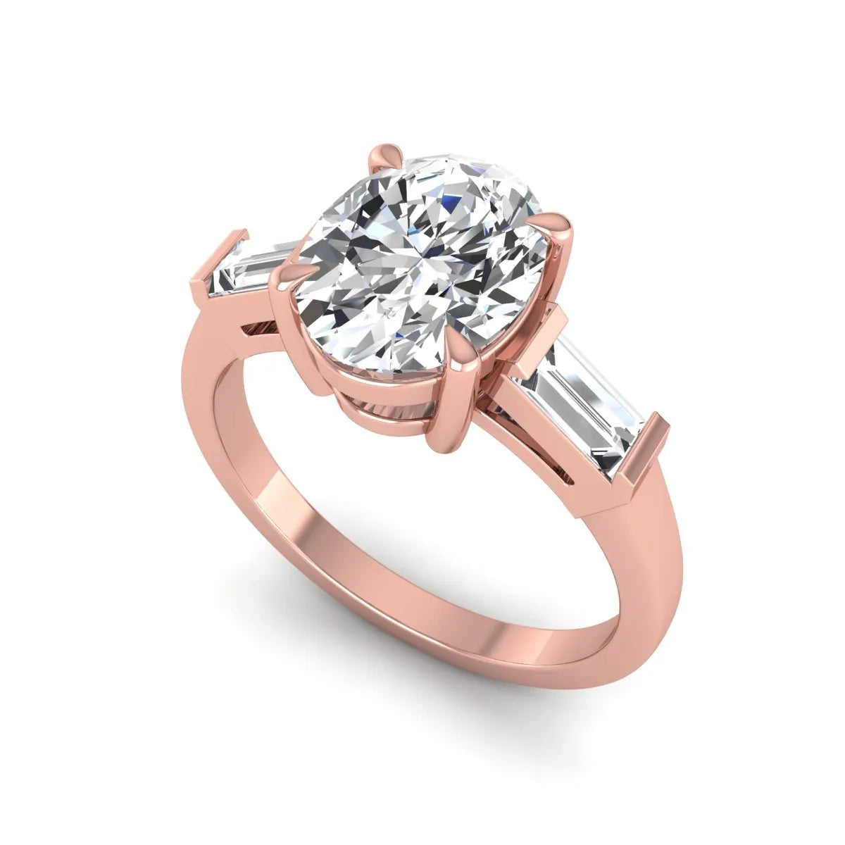 IGI Certified 1.86 carat oval cut lab grown diamond three stone engagement ring with baguette side diamonds in rose gold.