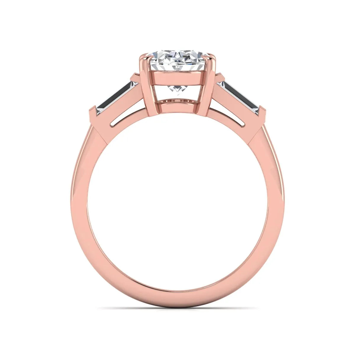IGI Certified 1.86 carat oval cut lab grown diamond three stone engagement ring with baguette side diamonds in rose gold.