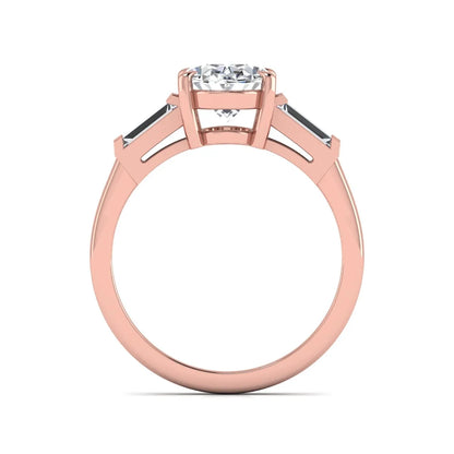 IGI Certified 1.86 carat oval cut lab grown diamond three stone engagement ring with baguette side diamonds in rose gold.