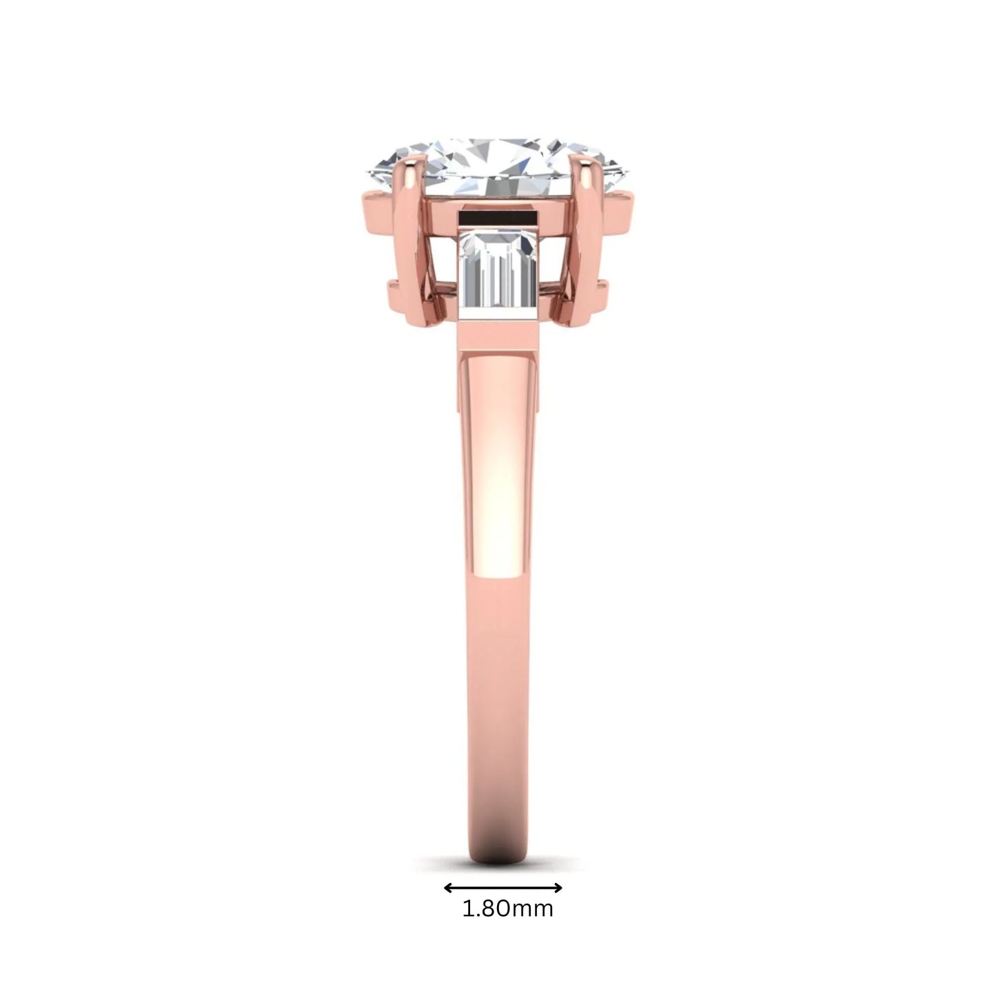 IGI Certified 1.86 carat oval cut lab grown diamond three stone engagement ring with baguette side diamonds in rose gold.