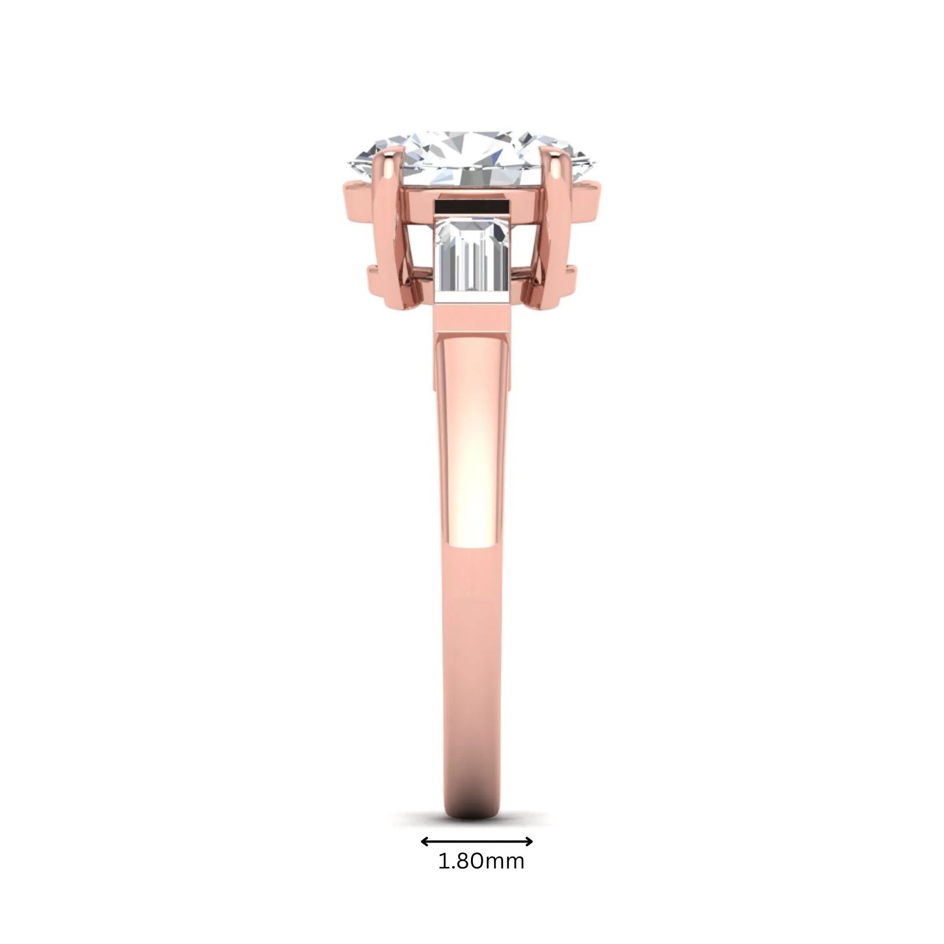IGI Certified 1.86 carat oval cut lab grown diamond three stone engagement ring with baguette side diamonds in rose gold.