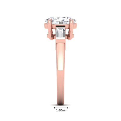 IGI Certified 1.86 carat oval cut lab grown diamond three stone engagement ring with baguette side diamonds in rose gold.