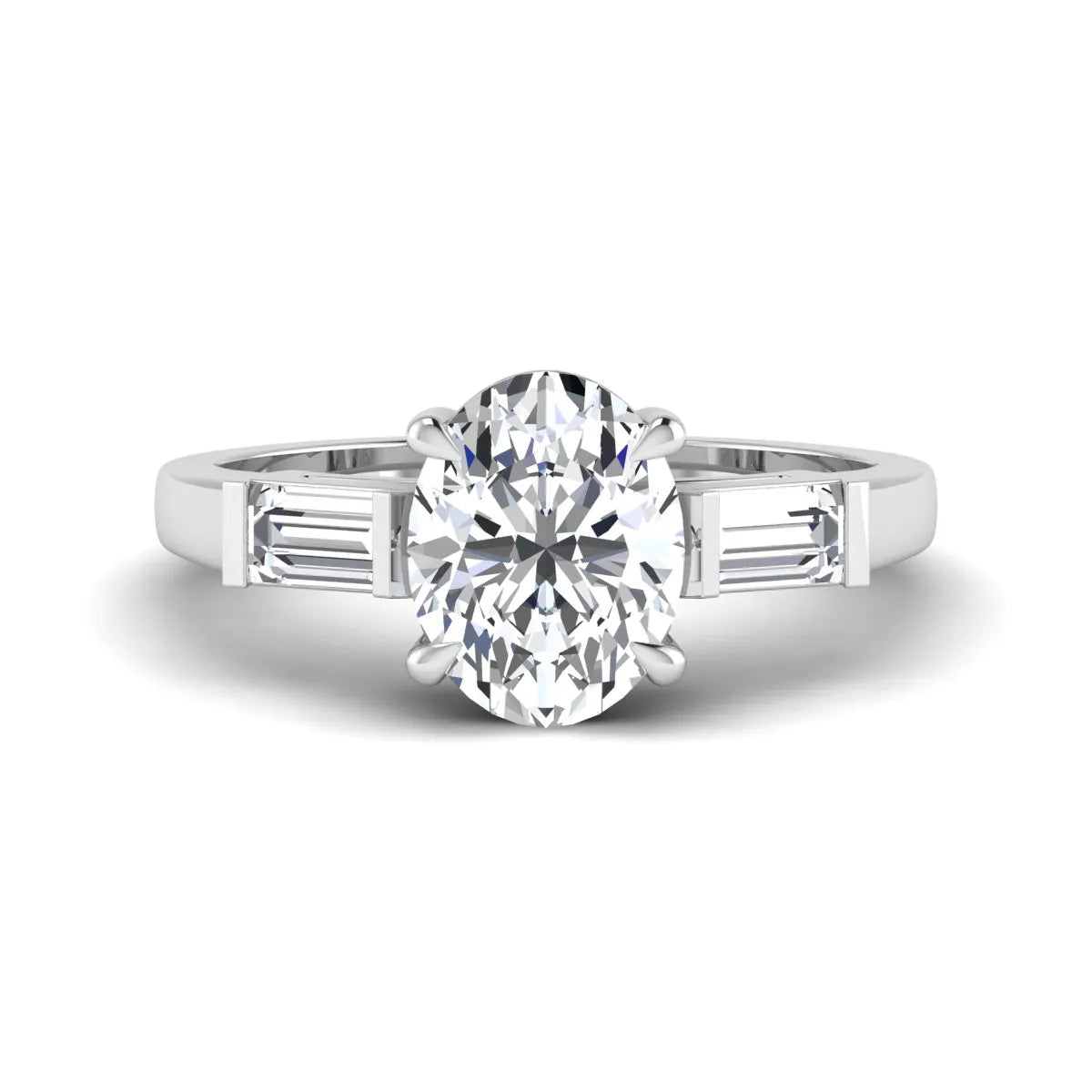 IGI Certified 1.86 carat oval cut lab grown diamond three stone engagement ring with baguette side diamonds in white gold.