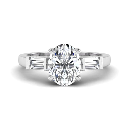 IGI Certified 1.86 carat oval cut lab grown diamond three stone engagement ring with baguette side diamonds in white gold.